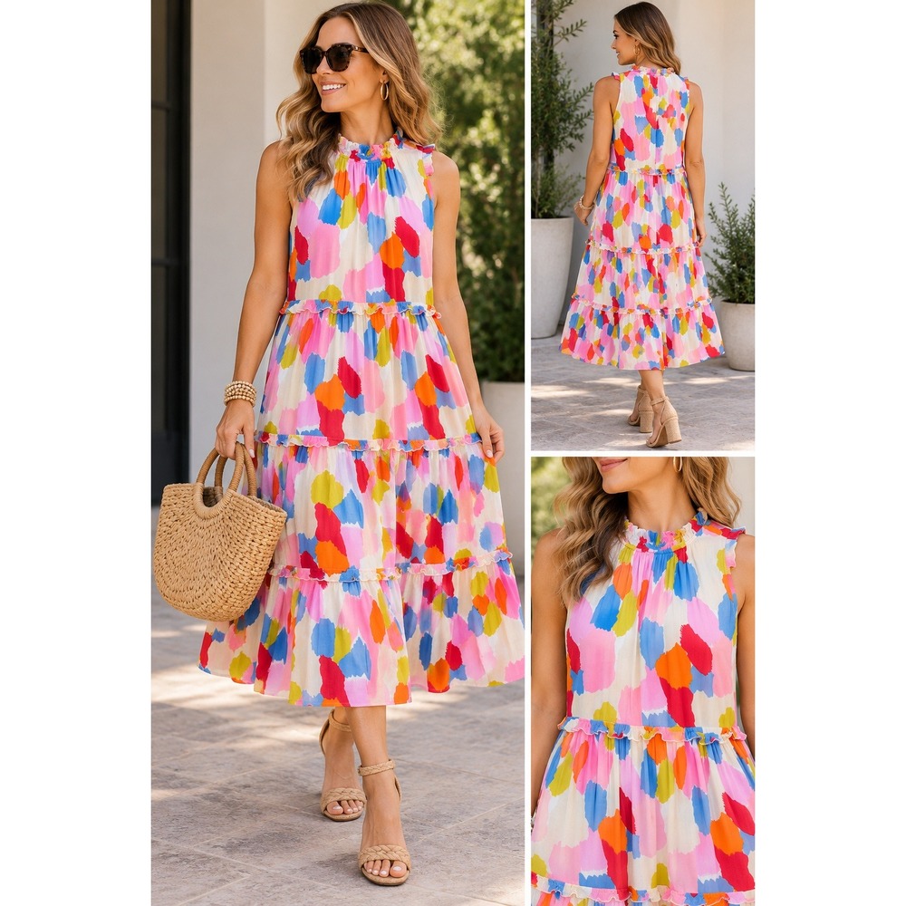THML Tiered Midi Dress Womens Medium Multi Color Abstract Ruffle Sleeveless Boho